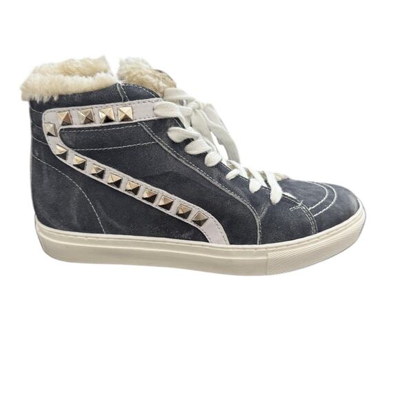 NEW Steve Madden Sneaker Suede Studded High Top Platform Faux Fur Blue Size 8.5 - Picture 1 of 11